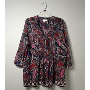 Charter Club Relaxed Women’s Blouse Button Up‎ Shirt Size 1X Paisley Pleated
